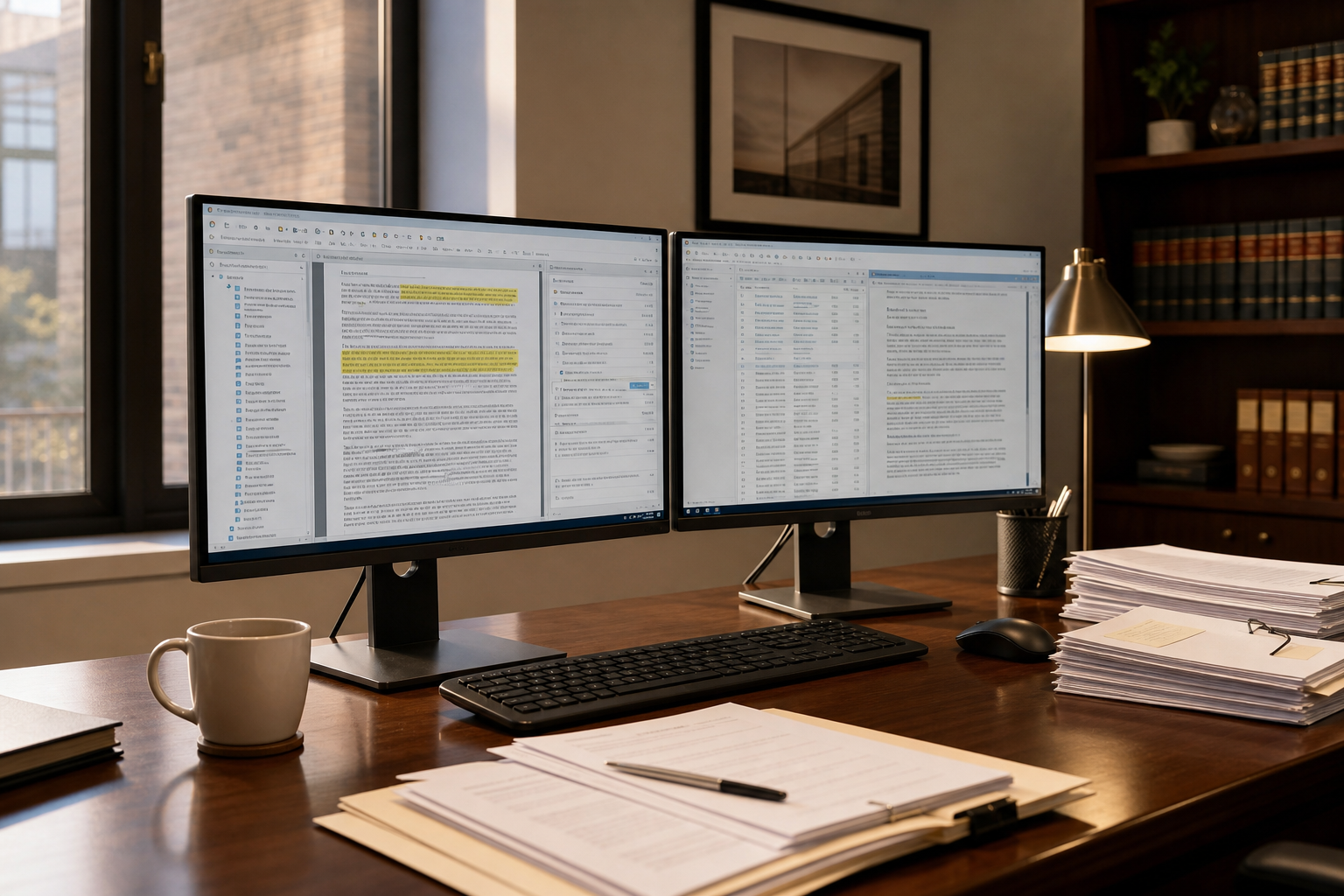 Professional services office desk set up for AI-assisted document review